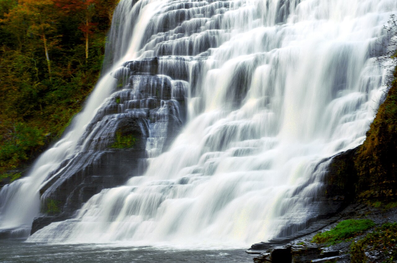 Ithaca Falls on Fall Creek cascading over wide, layered shale ledges.
